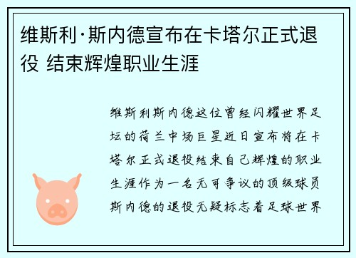 维斯利·斯内德宣布在卡塔尔正式退役 结束辉煌职业生涯