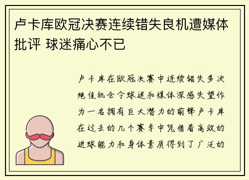 卢卡库欧冠决赛连续错失良机遭媒体批评 球迷痛心不已