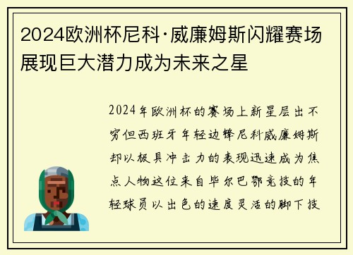 2024欧洲杯尼科·威廉姆斯闪耀赛场展现巨大潜力成为未来之星